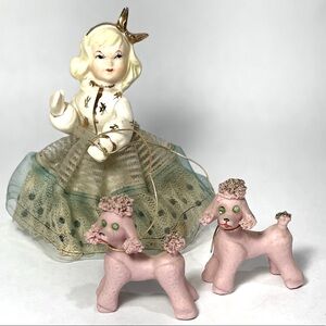 Vintage Blonde Girl Pink Spaghetti Poodle Puppy’s Dogs MCM Figurine Japan